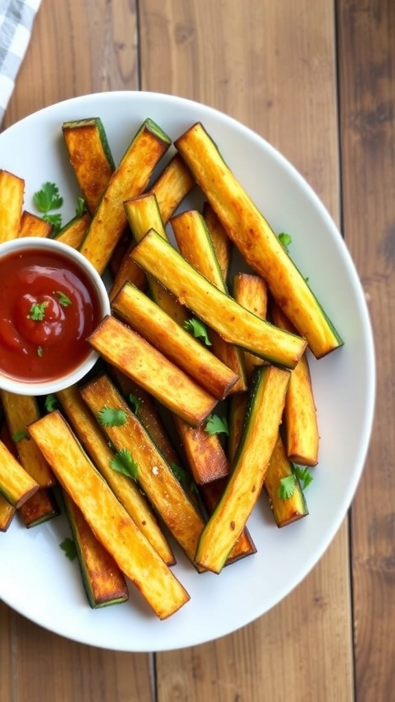 Crispy Baked Zucchini Fries in Air Fryer Crispy baked zucchini fries served with marinara sauce on a rustic wooden table.
